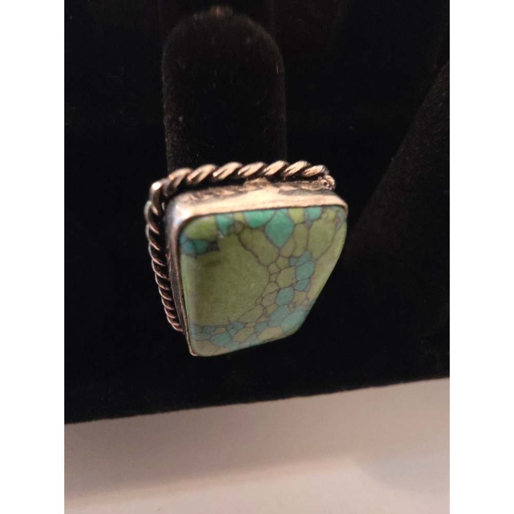 Vintage Sterling Silver Green Turquoise Statement Ring Size 6.25 Rope Border 925